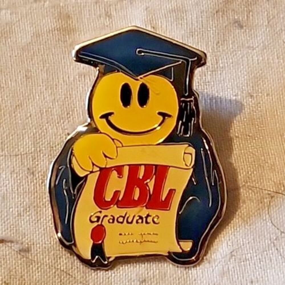 Vintage CBL Graduate Smiley Face Enamel Pin 70s–80s Employee Award Retro